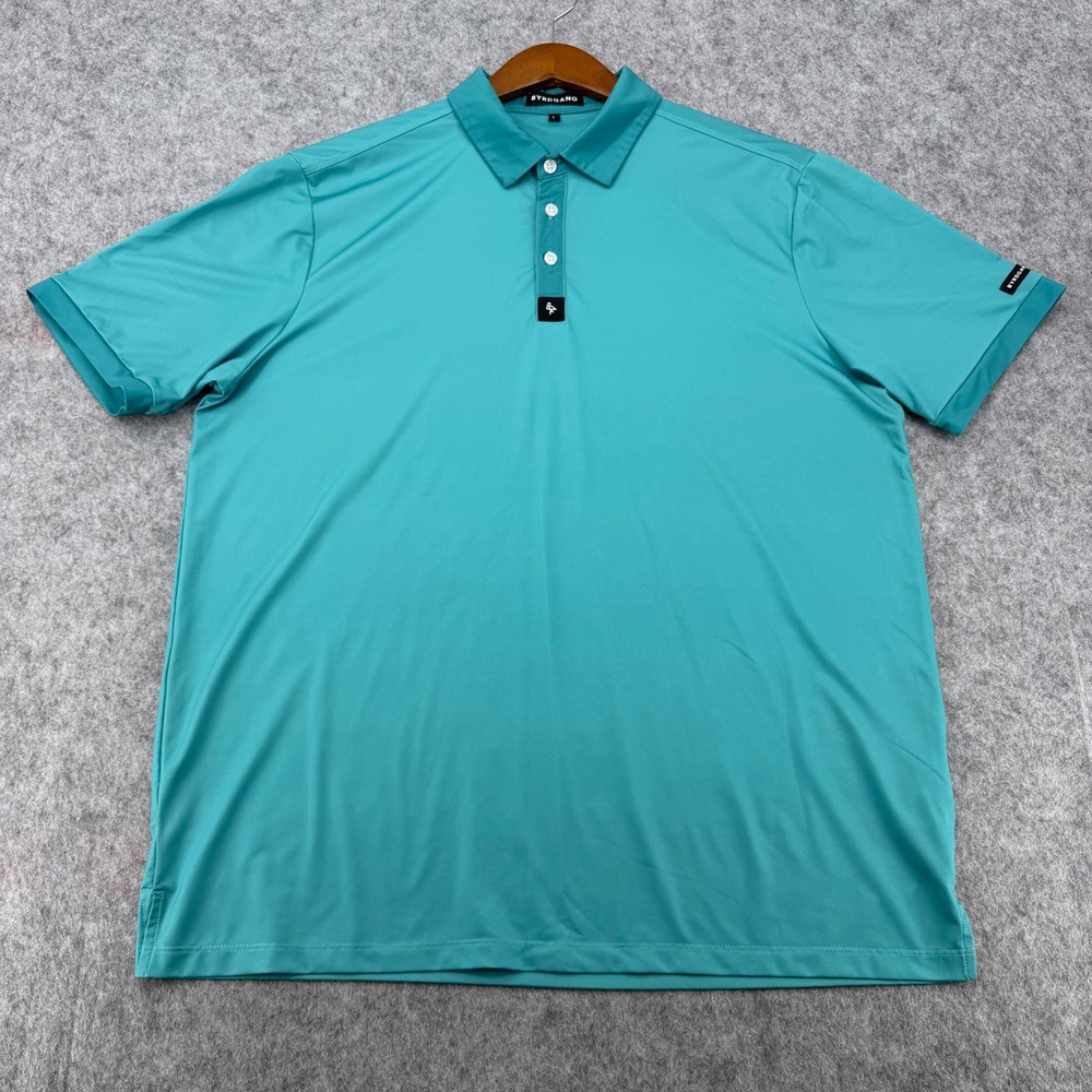 Byrdgang Mens Performance Polo Shirt Large Teal Green Flamingo Logo Stretch Golf